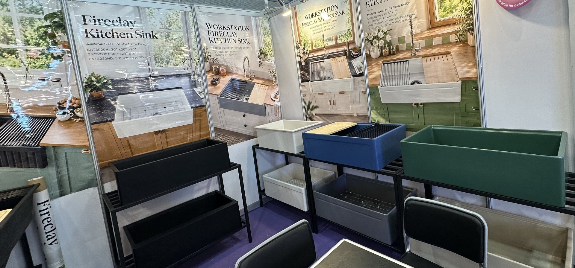 TAITAO booth 10.1L27 at the 140th Canton Fair — fireclay workstation and farmhouse sinks in multiple glaze colors