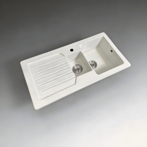 39-inch White Fireclay 1.5 Bowl Inset  Kitchen Sink with an Integrated Drainboard TAITAO CD150